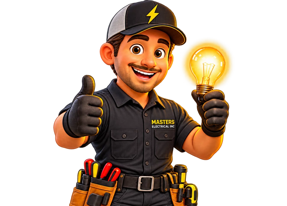 Friendly illustrated electrician giving a thumbs-up and holding a bright light bulb