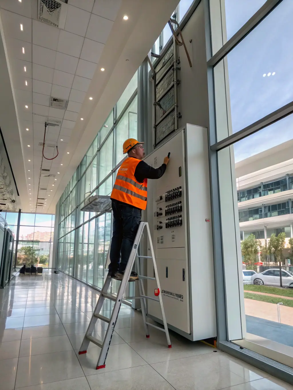 A commercial building's electrical panel being inspected by a certified electrician for potential hazards and code adherence.