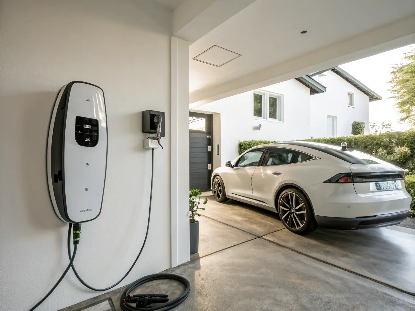An electric vehicle charging station installed at a residential garage, emphasizing the convenience and accessibility of EV charging at home.