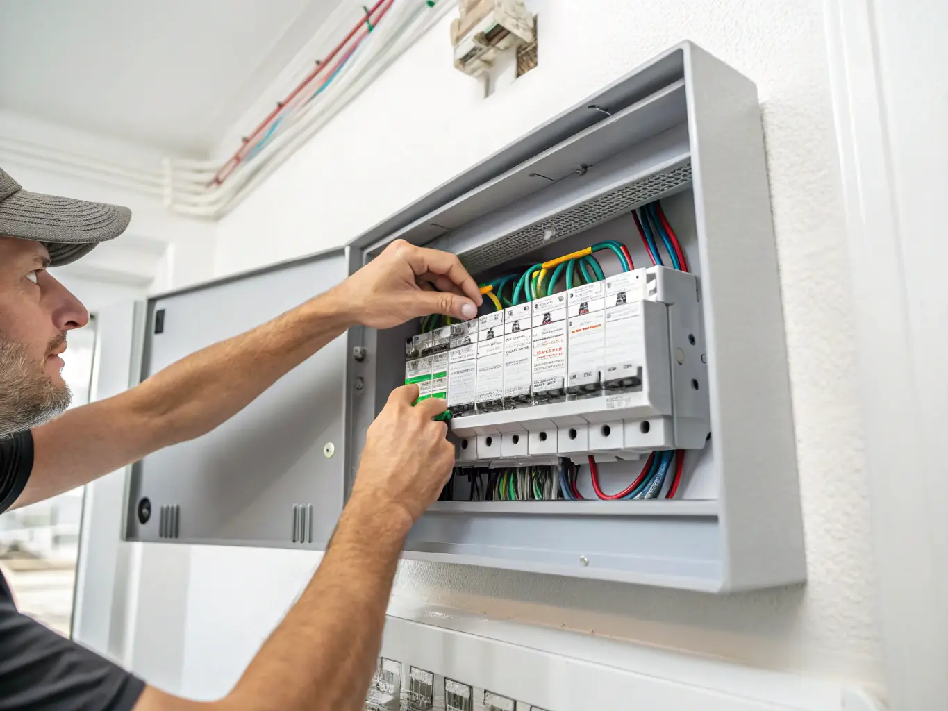 A close-up shot of a modern electrical panel being installed in a residential home, showcasing the clean and organized wiring.