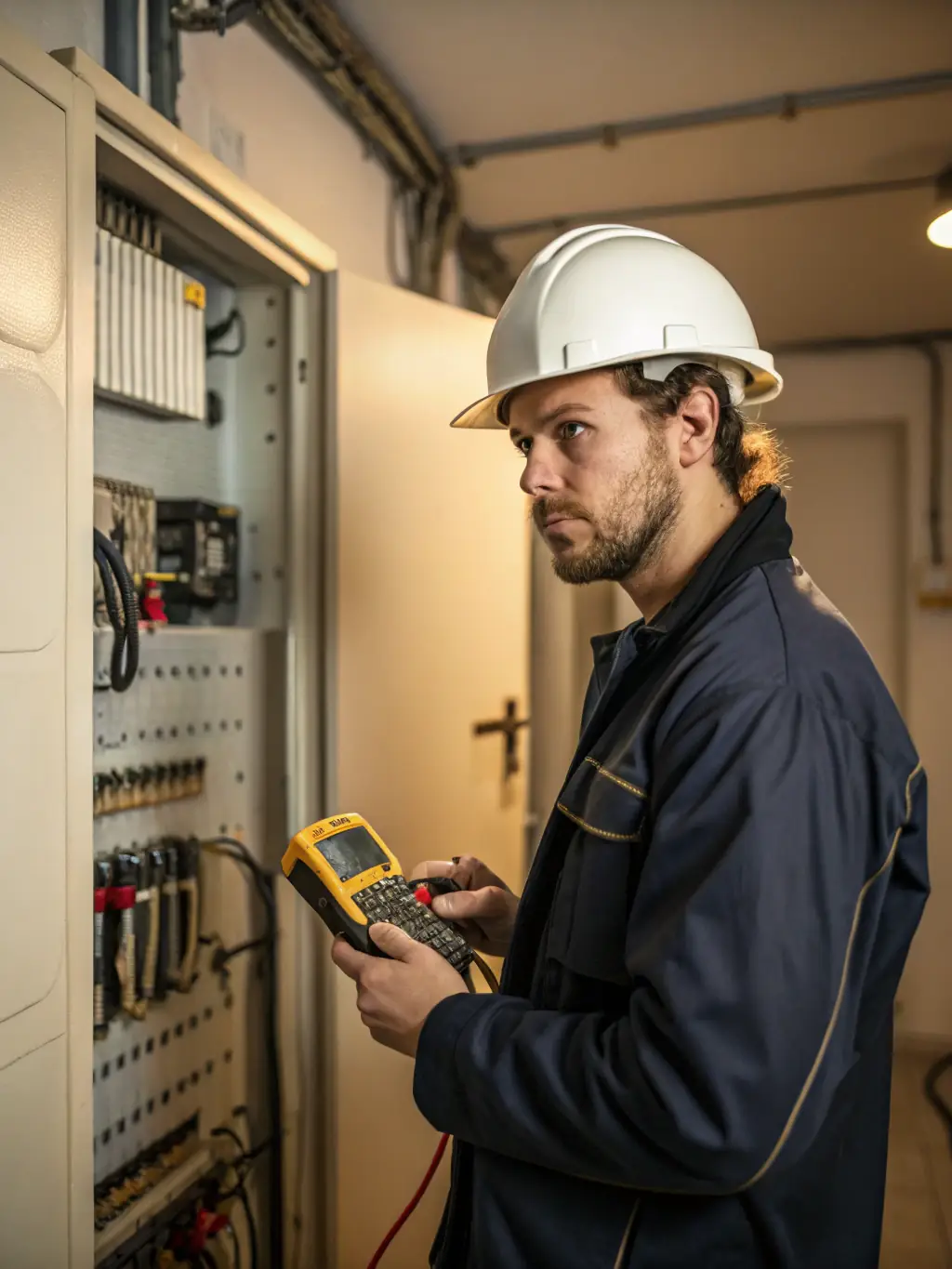 An electrician using specialized equipment to conduct an EMF (electromagnetic field) inspection in a home.