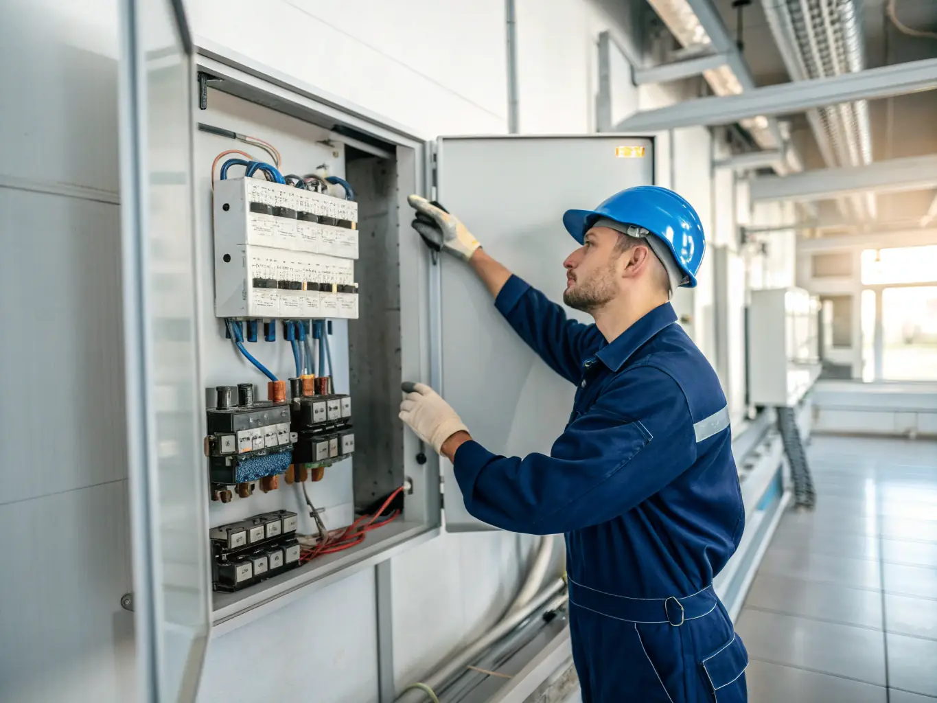 An electrician carefully installing new wiring in a commercial building, ensuring all connections are secure and compliant with safety standards.